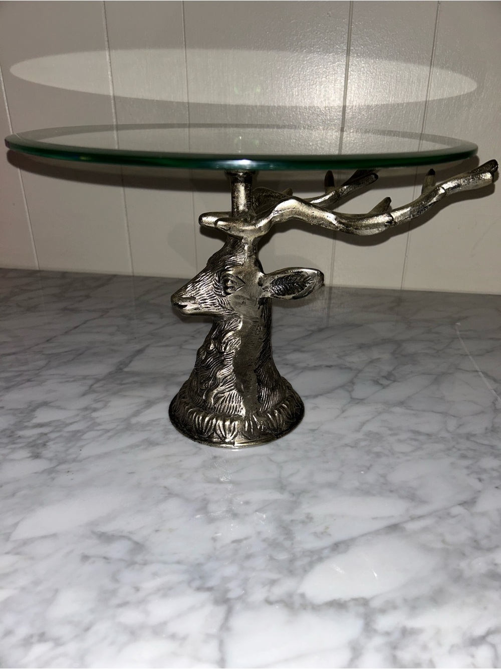 Glass Cake Stand with Silver Deer Head Pedestal - Picture 3 of 7